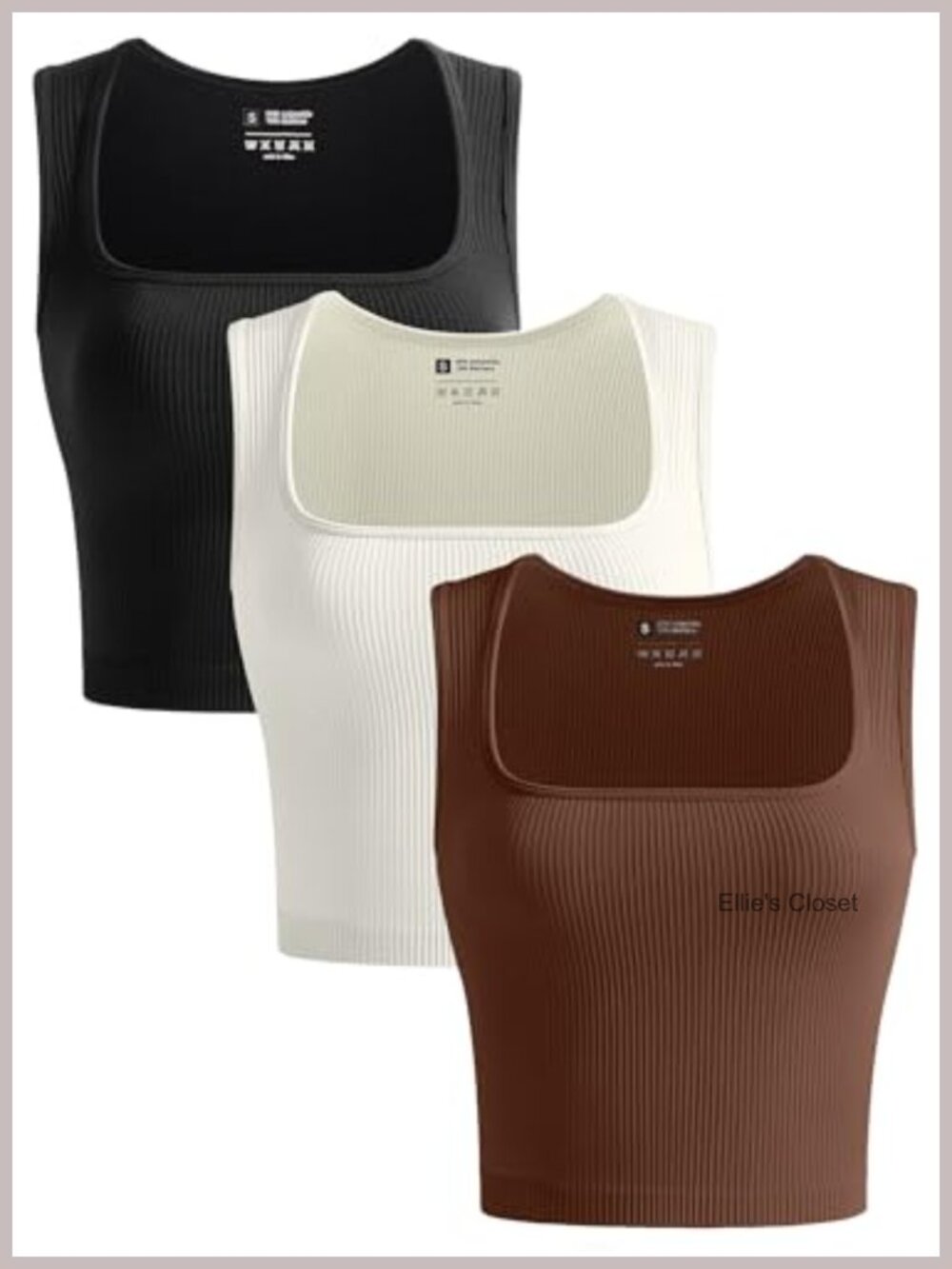 3 Pack Seamless Ribbed Crop Tank Tops Square Neck Tapered Shoulder Sleeveless